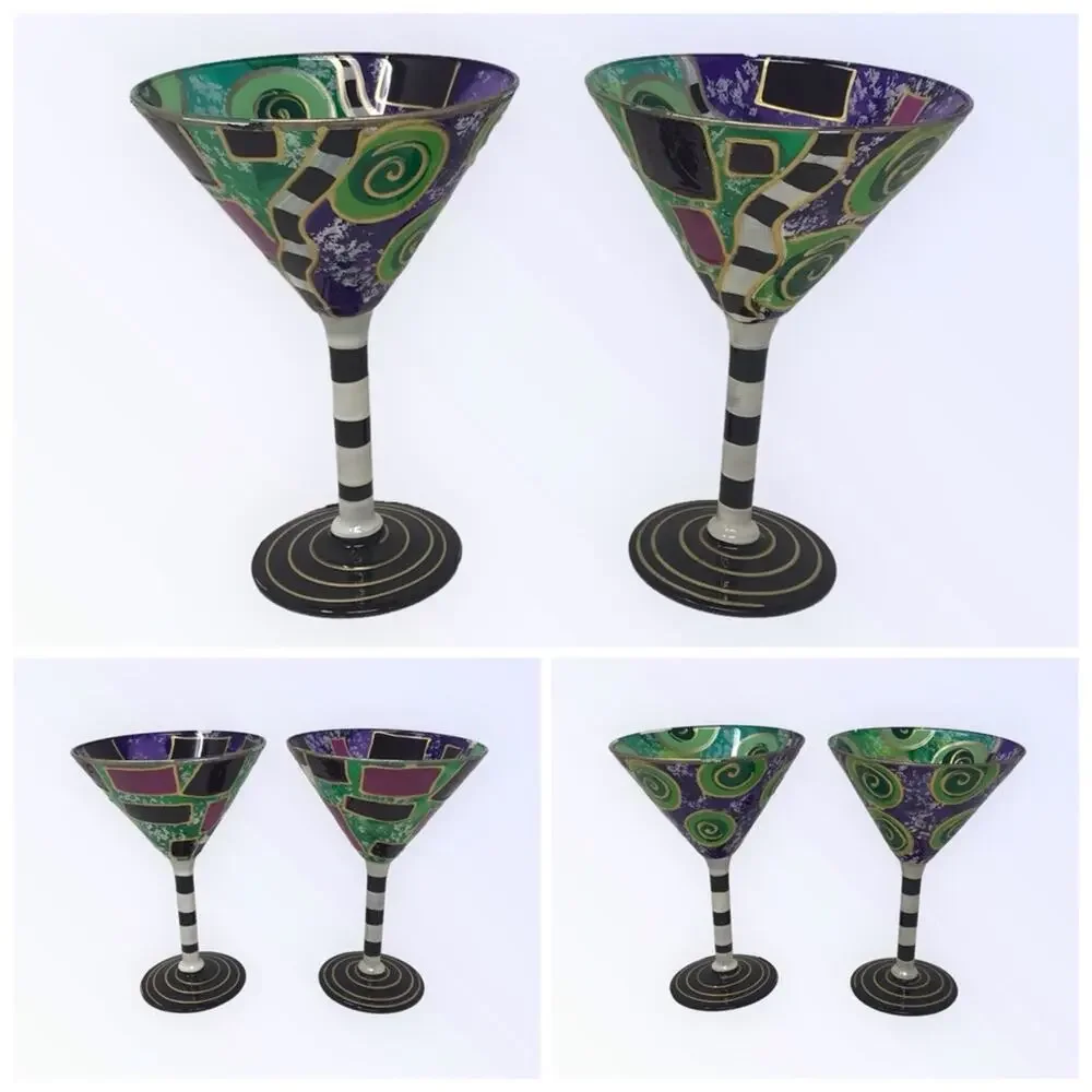 Festive 4 Martini Glasses Hand Painted  Colorful Avant Garde Art Deco 50s